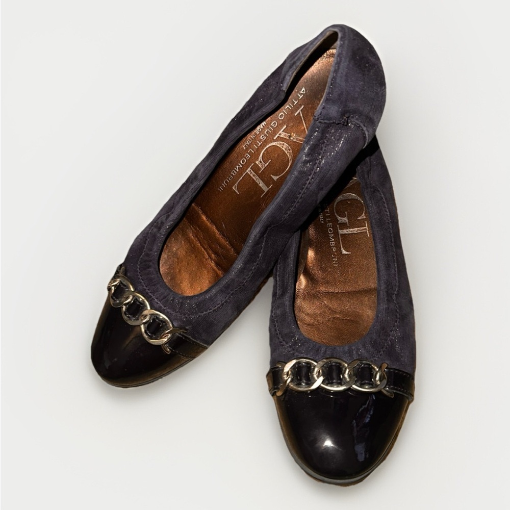 AGL Cap Toe Leather Ballet Flats Blue Women's Chain Slip On Size 37.5 EU/ 7